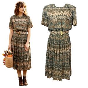 VTG 80s Green Floral Cottagecore Belted Midi Dress SZ 16 *Fits like Large